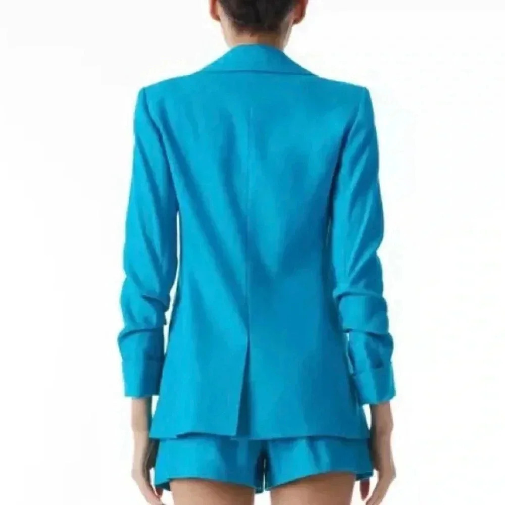 Alice + Olivia Pailey Fitted Notch Collar Blazer - Ocean Blue Linen - Size 0 - Picture 4 of 14